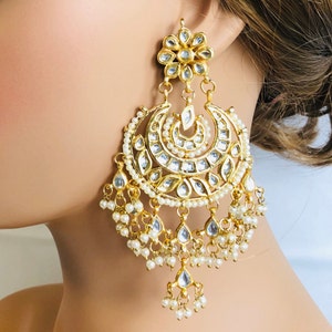 Golden Kundan Chandbali earrings/ Indian Chandbali/ Kundan Chandbali/ Kundan earrings/ Bollywood Polki Kundan Chandbali