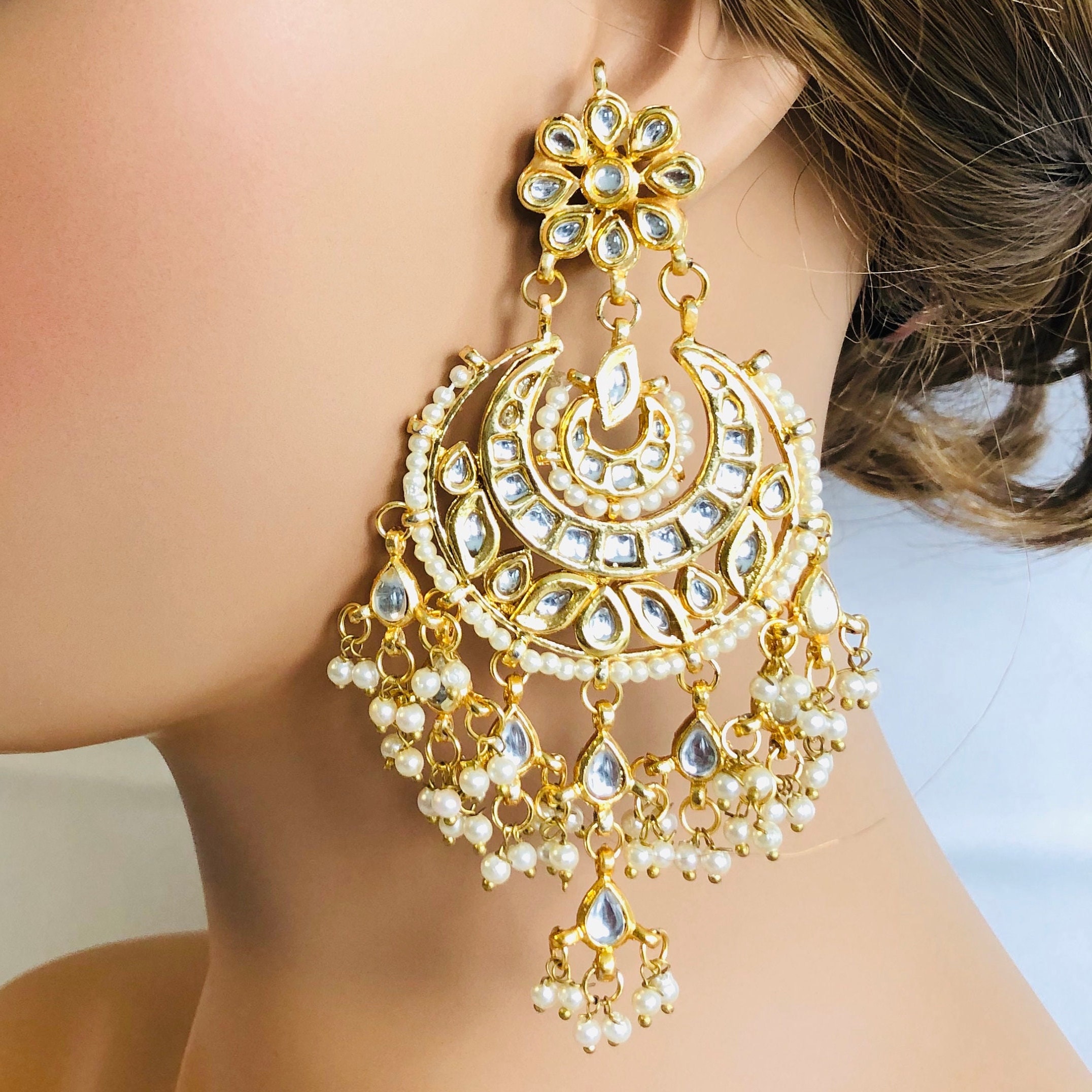 Hasani Chandbali Earrings - Semi Precious Kundan and Pearls chandelier – B  Anu Designs