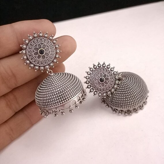 Tribal Jhumka Earrings Green Silver Oxidized Jhumka White German