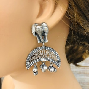 Oxidized Silver Elephant Earrings: Ganesha Chandbali, Indian Jewelry
