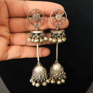 Long Jhumka Earrings: Tribal Oxidized Silver, Handmade