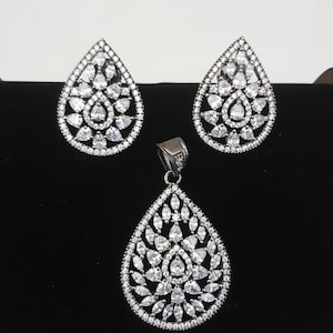 Silver Cubic Zirconia Pendant and Studs Set: Indian Bollywood Earrings