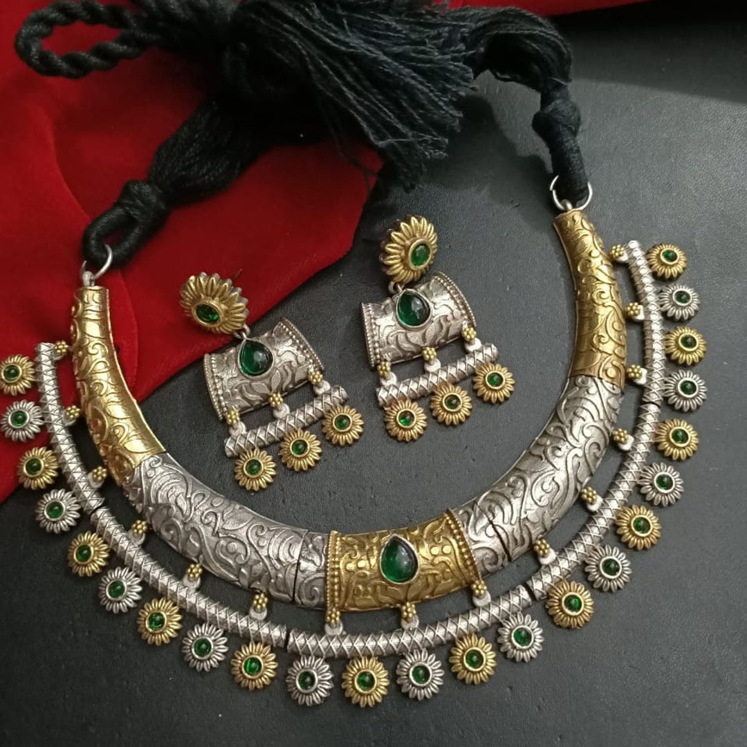 Designer Dual Tone Hansli Necklace/ Silver Oxidized Rajasthani 