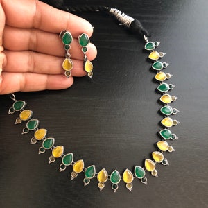 Oxidized Silver Necklace with colored stones/ Handcarved Stone Necklace/ Silver Oxidized statement necklace/ Ethnic Tribal Necklace