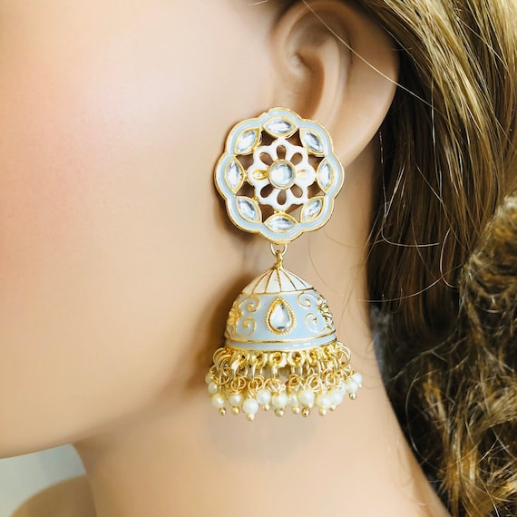 Pooja Bangles Gold Plated Kundan & Meenakari Jhumka Earrings