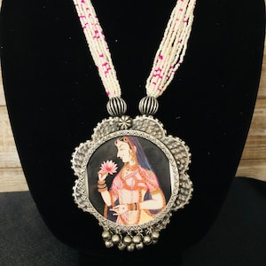 Traditional Madhubani theme Oxidized Pendant with Chain / Goddess Saraswati Tribal Necklace/ Meera Pendant Necklace / Radha Pendant Necklace
