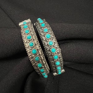 Turquoise Ethnic Bangles: Handcrafted Oxidized Silver Tribal Bracelets - Size 2.8 (Pair)