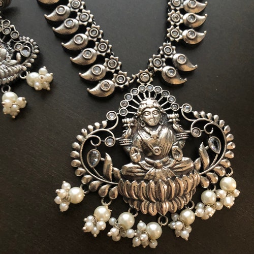925 solid sterling silver oxidized White Stone Necklace/ Goddess Laxmi Necklace/ shops Statement Necklace/Silver Designer/Tribal Necklace