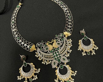 Oxidized Silver Hasli Necklace Set: Kundan Kemp Stone, Pearls, Tribal Design