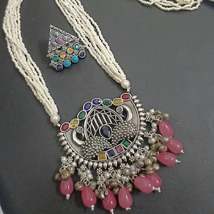 Multistrand Pearl Necklace / Multistrand Oxidized Silver Beads Necklace/ White beads necklace/ German Silver Pendant Necklace/ JhumkaStop