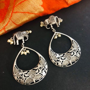 Elephant Chandbali Earrings: Handcarved Indian Tribal Jewelry