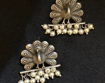 Oxidized Silver Peacock Studs: Ethnic Indian Jhumka Earrings