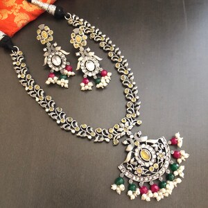 Oxidized Silver Pendant Necklace Set: Bollywood Ethnic Jewelry