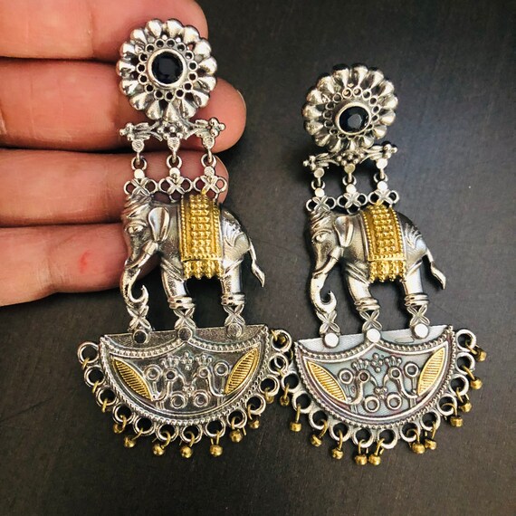 Dual Tone Elephant Earrings Two Tone Amrapali Oxidized Chandbali Earrings Elephant Earrings Indian Traditional Tribal Chandbali Earrings Etsy Australia