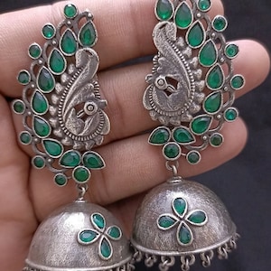Green Jhumka/ German Silver Earrings/ Designer Earrings/ Indian Jhumka / Ethnic Earrings/ Tribal Jewelry/ Ethnic Indian Oxidized Earrings