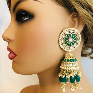 Green Kundan Jhumka Earrings: Indian Wedding Jewelry, 3.5 Inch