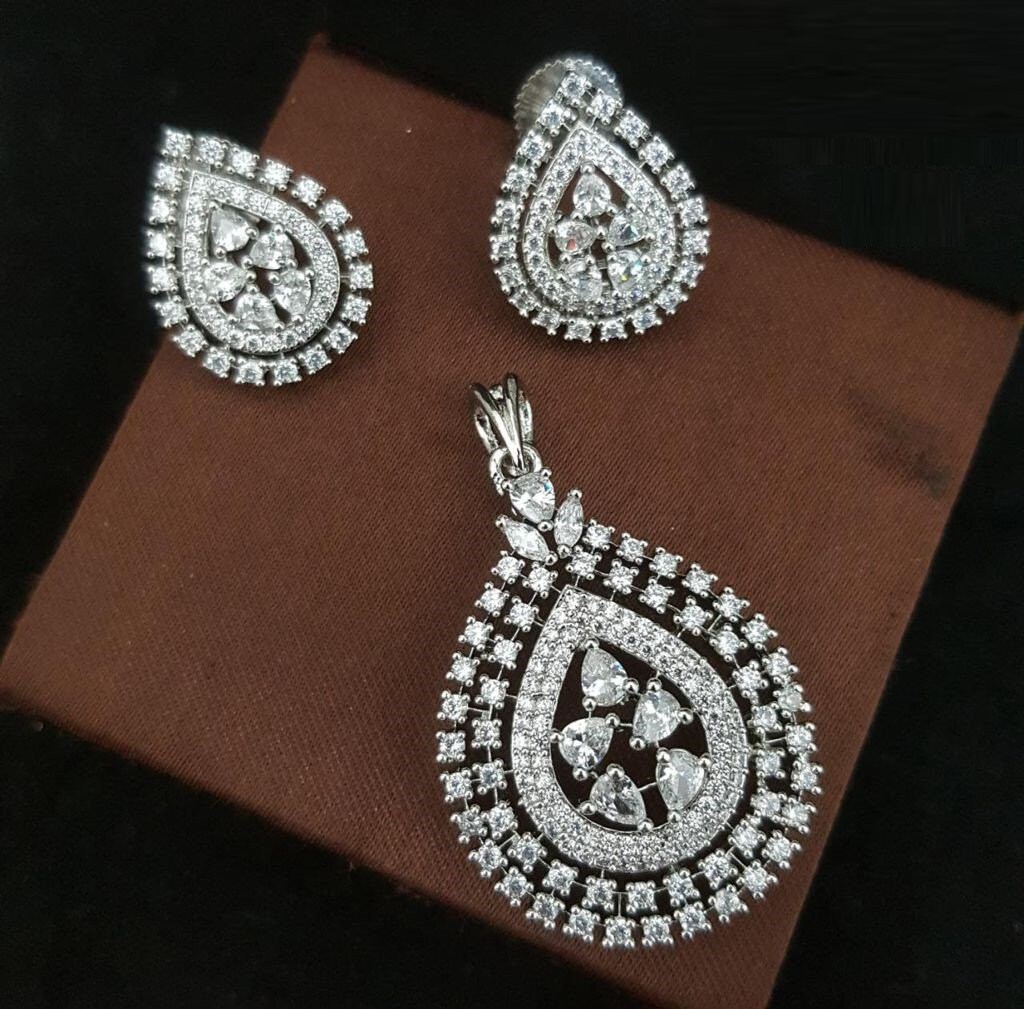 Silver CZ Pendant With Earrings / Diamond Pendant and Studs / - Etsy