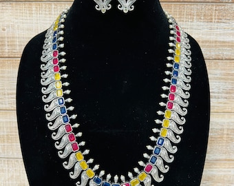 Oxidized Silver Long Necklace: Ethnic Tribal Jewelry Set