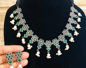Green Stone Oxidized Silver Necklace: Ethnic Tribal Jewelry