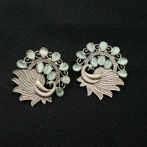 Oxidized Silver Peacock Stud Earrings: Boho Tribal Jewelry