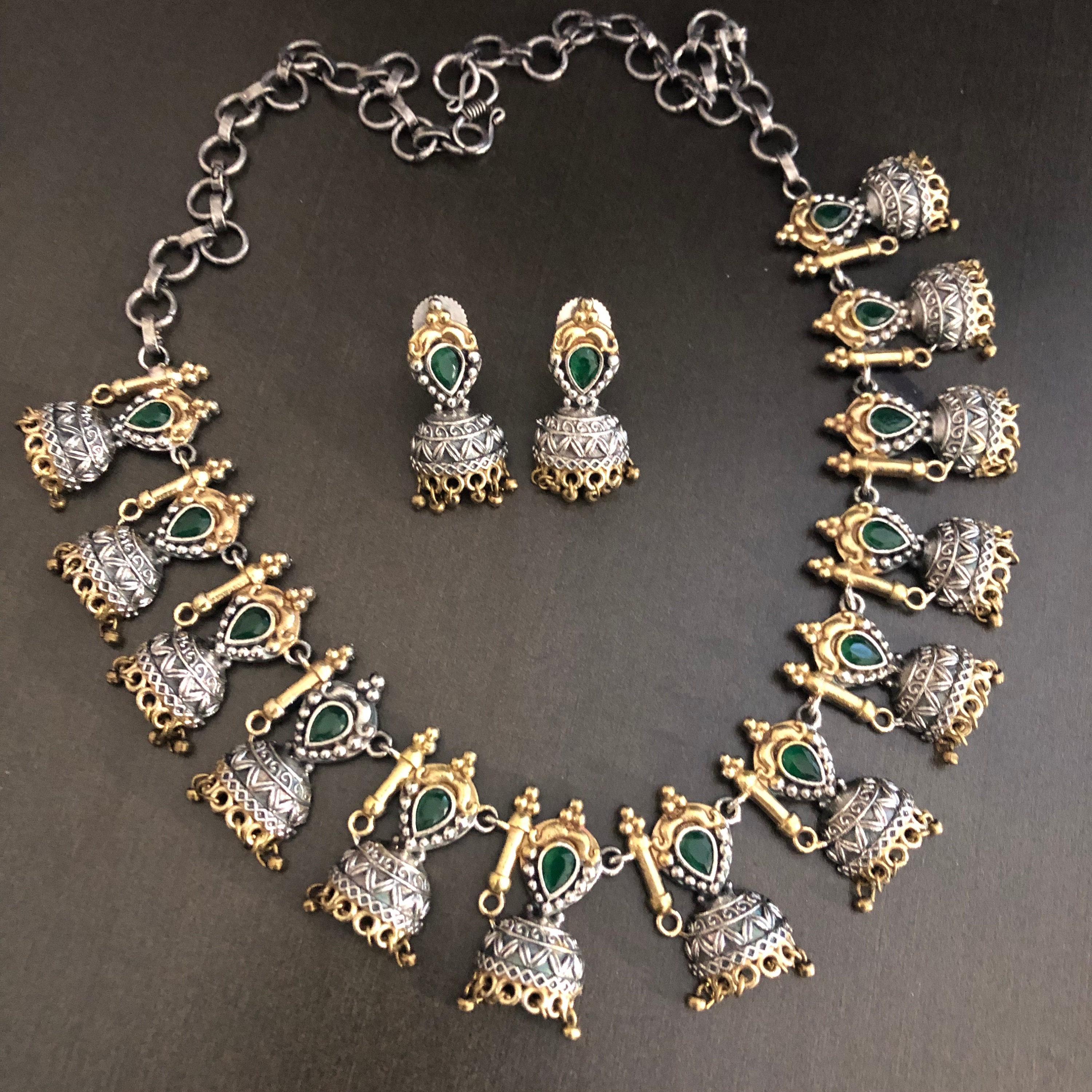 Silver Look Stone with Jumka Oxidised Necklace