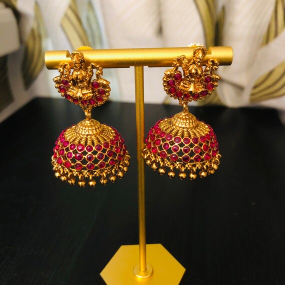 Golden Jhumka Ruby Indian Jhumka Earrings Emerald Meenakari
