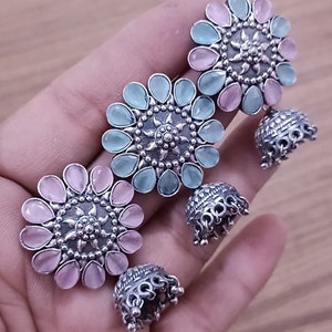 Multicolor Jhumka/ Dual Tone Jhumka/ German Silver earrings/ Pink Flower Jhumka / Oxidized Silver Jhumka/ Ethnic Jhumkas/ Indian Jhumkas