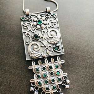 Green German Silver Pendant Necklace / Blue Silver Oxidized Pendant with Chain / Silver Statement Designer Necklace/ Tribal Necklace