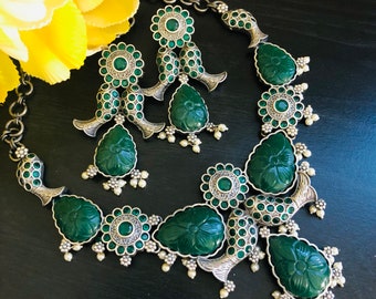 Oxidized Silver Necklace: Green Handcarved Stone Ethnic Tribal Jewelry