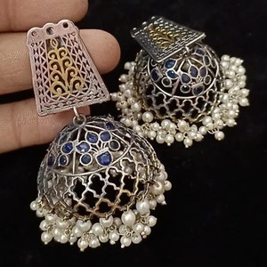 Oxidized Silver Jhumka Earrings: Two-Tone Afghani Style