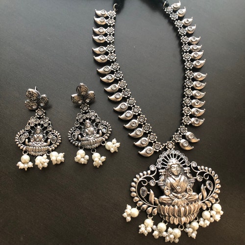 925 solid sterling silver oxidized White Stone Necklace/ Goddess Laxmi Necklace/ shops Statement Necklace/Silver Designer/Tribal Necklace