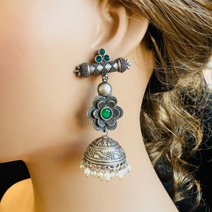 Mint Green Jhumka Earrings: Oxidized Silver Indian Tribal Jewelry
