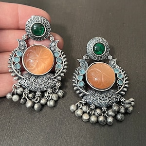 Oxidized 925 Silver Chandbali Earrings: Handcarved Tribal Amrapali Design