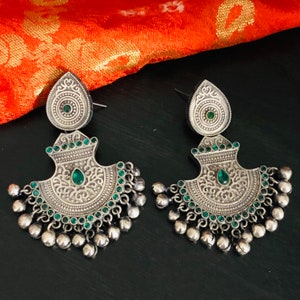 Oxidized German Silver Chandbali Earrings: Tribal Style, Green Stone