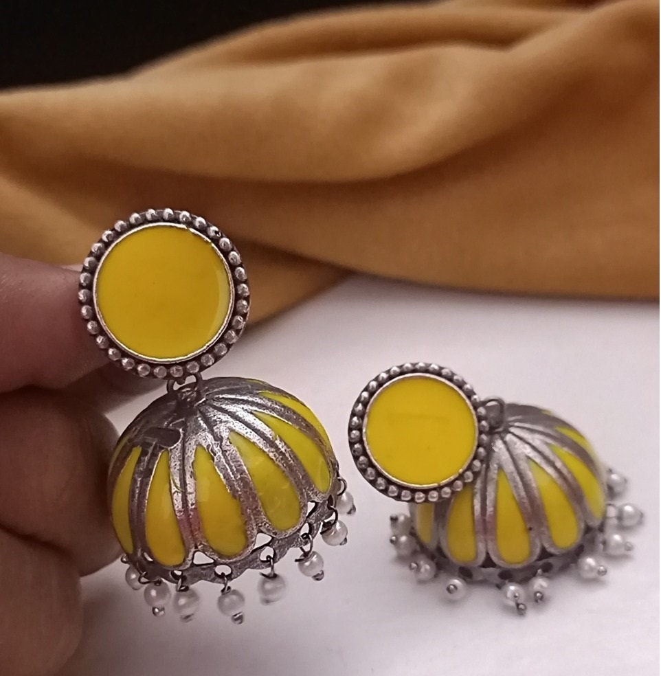 JhumkaStop Yellow Jhumka Yellow Meenakari Jhumka Oxidized Silver Jhumka Earrings Yellow Tribal Jhumka Designer Earrings Indian Ethnic Earrings