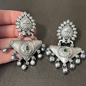 925 Silver Chandbali earrings/ Boho Silver Chandbali/Silver Oxidized Ghungroo Chandbali/Indian Handcarved Earrings/Tribal Jewelry/JhumkaStop