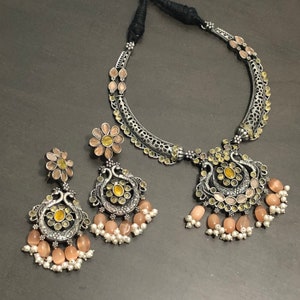 Oxidized Silver Necklace/Handcraved Stone Necklace/Amrapali Necklace/Silver Oxidized statement necklace/Ethnic/Boho Jewelry/Tribal Necklace