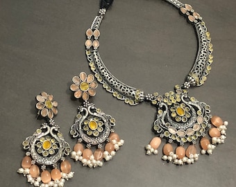 Oxidized Silver Statement Necklace & Earrings, Handcarved Stone Boho Jewelry