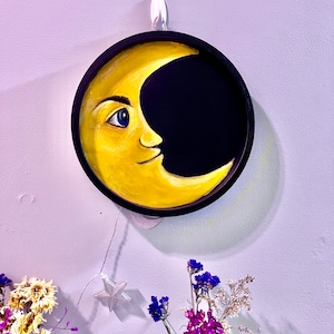 Handpainted moon face wall hanging, 11.8 inch wood circle  wall hanging
