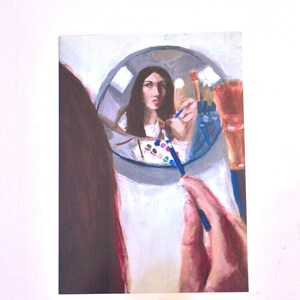 Art Print, Girl in mirror painting acrylic print, wall art decor 5in by 7in satin finish paper