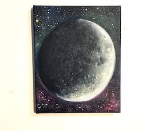 Crescent moon realistic acrylic painting 8x10in orginal painting on canvas. Celestial moon galaxy wall decor