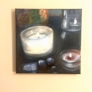 Candle Lit Still Life Acrylic Painting Square Canvas 8x8inches..