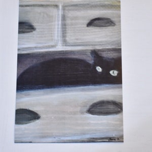 Impressão artística de gato na cômoda, pintura aconchegante de gato preto, arte de parede 5 pol. por 7 pol.