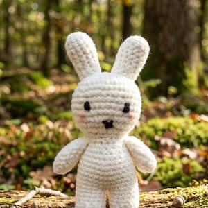 May include: A white, crocheted bunny toy with black eyes and a small black nose. The bunny has pink cheeks and long ears. It is standing on a moss-covered log in a woodland setting.
