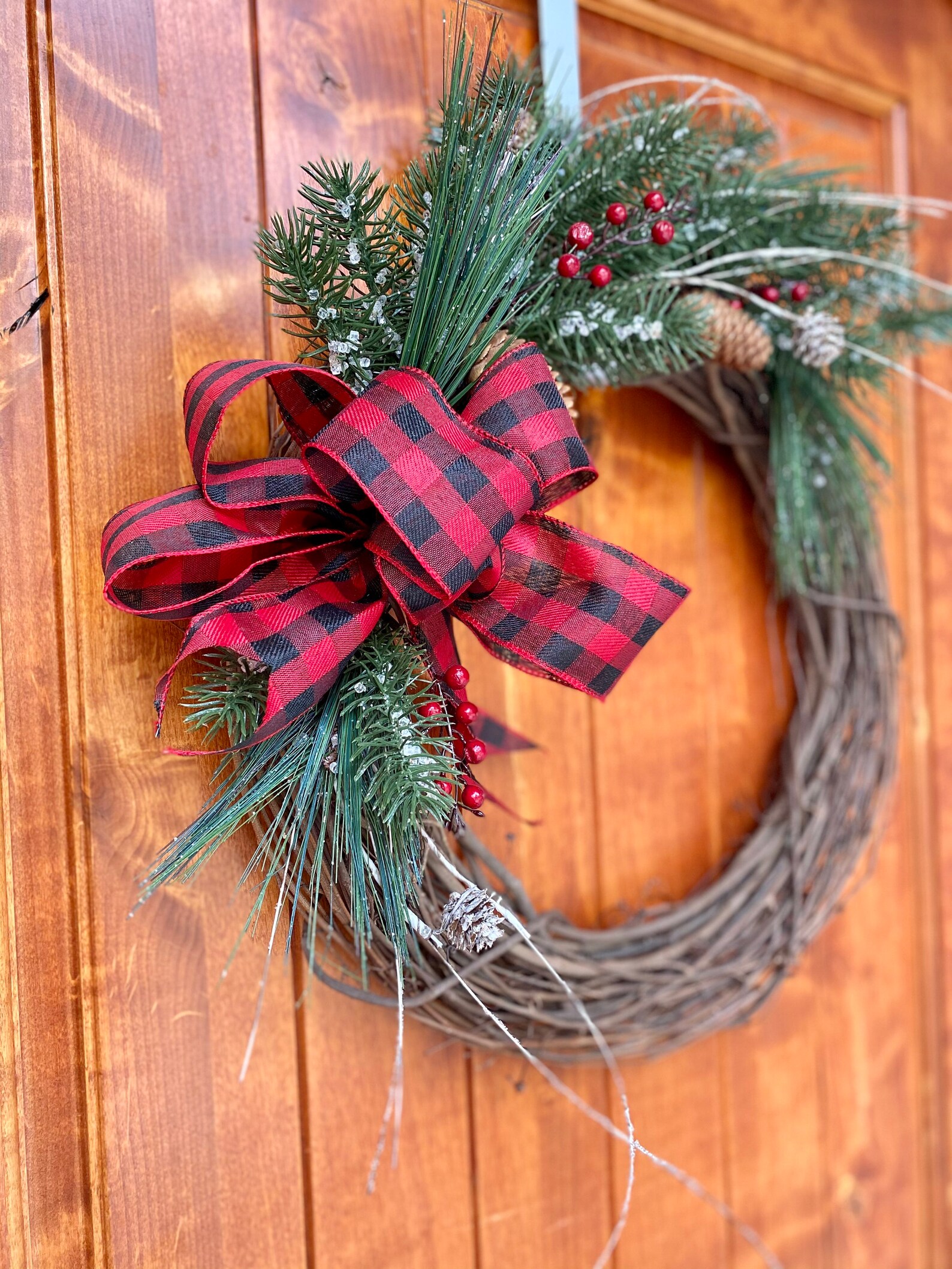 Frosted Pine Needle Greenery Wreath With Accents of Pine Etsy