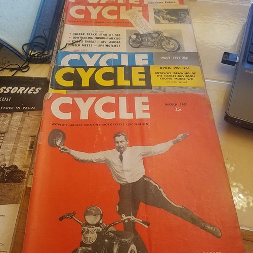 Cycle Magazines March, April, May, June, August, September, October 1951 with shops Bonding cover. Also 1950 Atlas Accessories catalogue