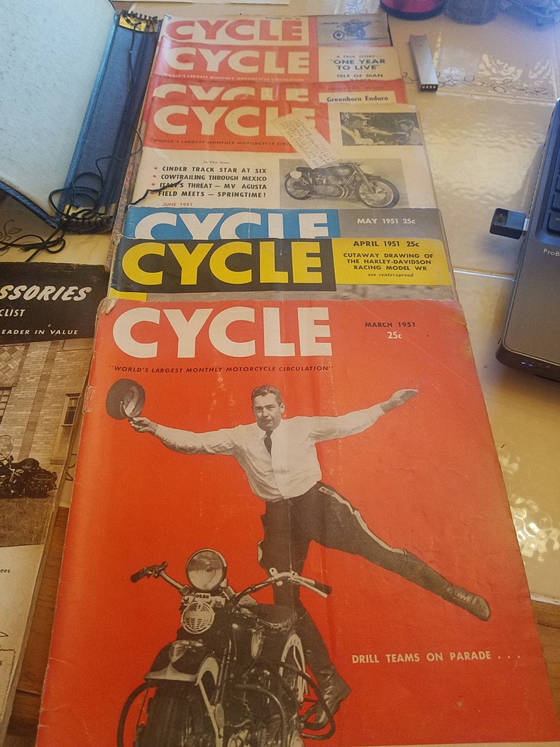 Cycle Magazines March, April, May, June, August, September, October 1951 with shops Bonding cover. Also 1950 Atlas Accessories catalogue