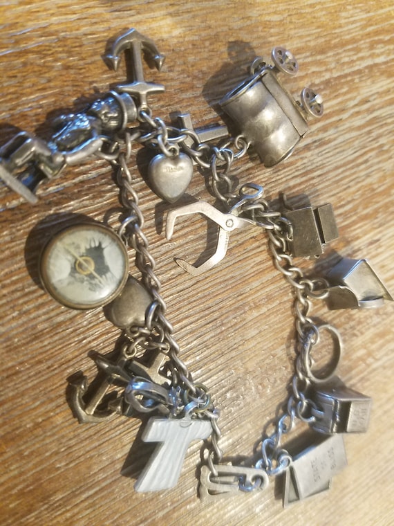 Vintage Silver Charm Bracelet, Moveable Charms, E… - image 1