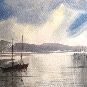 Original art gift for sea lover watercolour painting of boats in coastal waters.