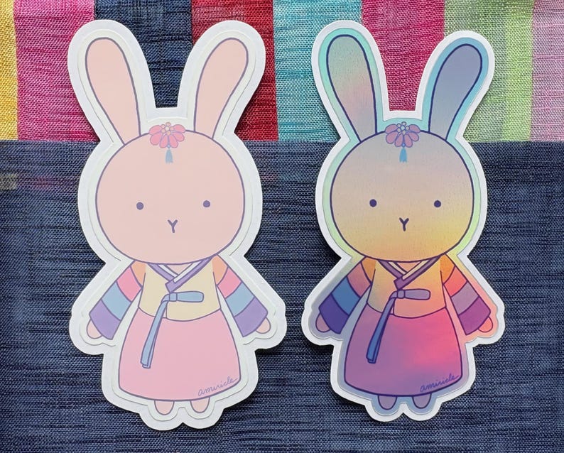Korean Rabbit Sticker Hanbok Bunny Sticker, Korean Traditional Dress, Laminated - Etsy
